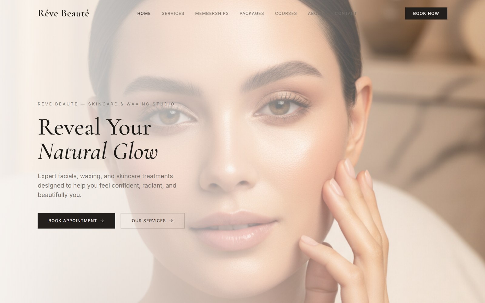 Rêve Beauté home page on desktop, with “Reveal Your Natural Glow” over a portrait