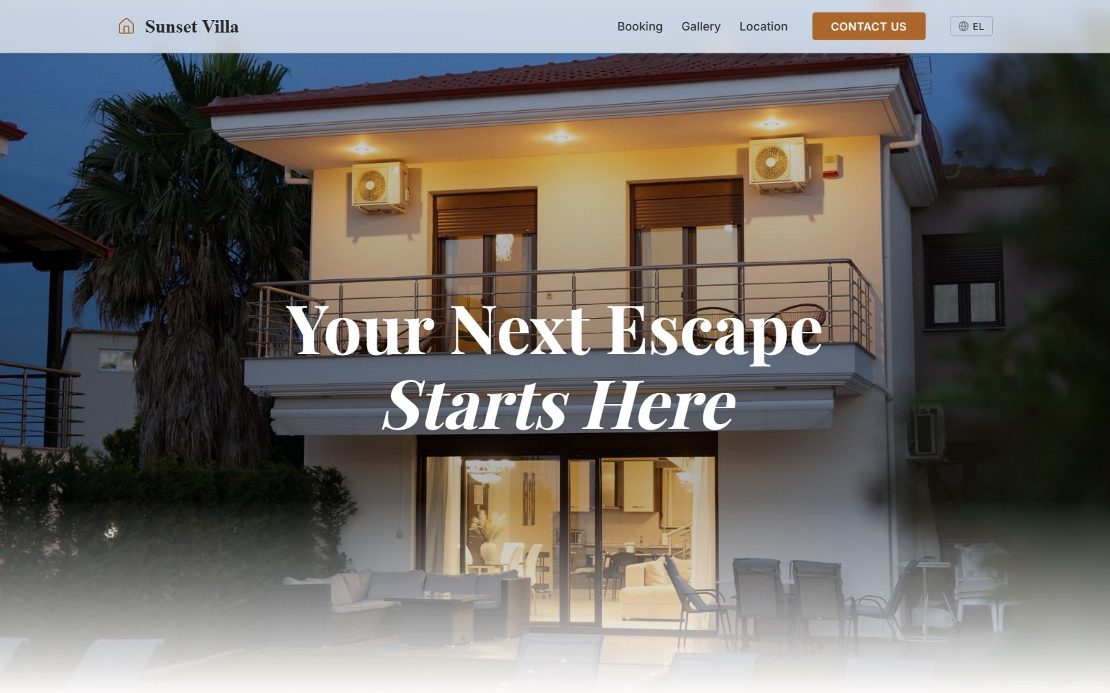 Sunset Villa home page on desktop, with the villa lit up at dusk